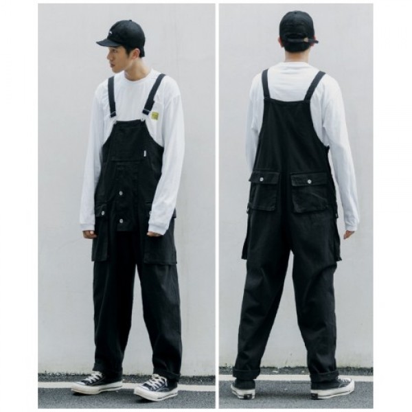 Black Retro fashion men's casual loose multi-pocket suspenders pants jumpsuit Black Retro fashion men's casual loose multi-pocket suspenders pants jumpsuit