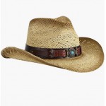 Brown_blue Stone Men & Women's Woven Straw Cowboy Hat w/Hat Band Brown_blue Stone Men & Women's Woven Straw Cowboy Hat w/Hat Band